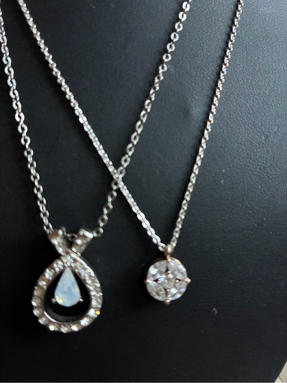 Sterling Silver White Teardrop & Round Crystal Pendant Necklace Set